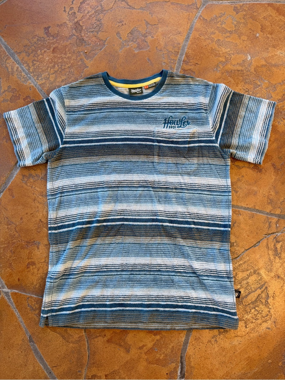Howler Brothers Men's Striped Terry Cloth Pocket T-Shirt Blue Gray Stripes S